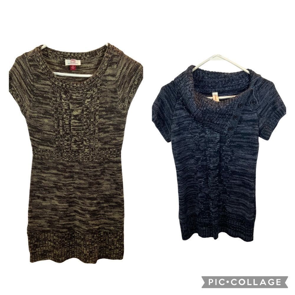 Lot of two Ladies Short Sleeved‎ Sweaters Brown Tan and Black Grey Size Small